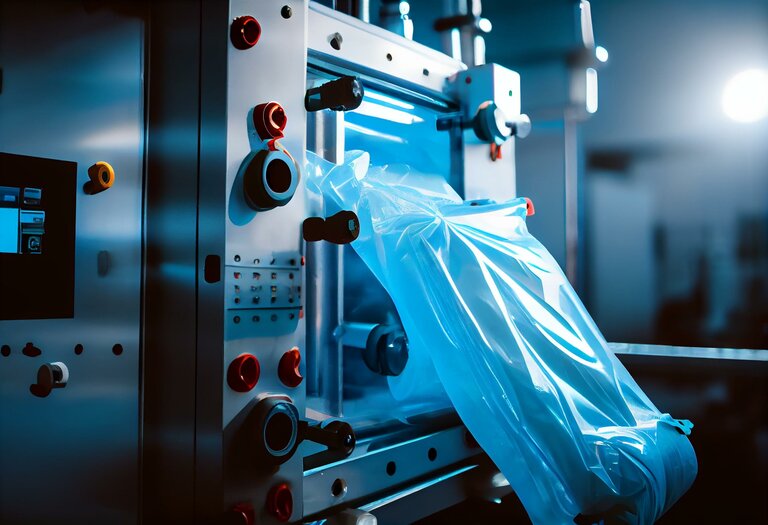 Automatische Maschine zur Herstellung von Plastikbeuteln aus Polyethylen mit Lichteffekt. Nahaufnahme der Walze der Plastiktütenproduktionsmaschine in der hellblauen Szene. Produktverpackung.